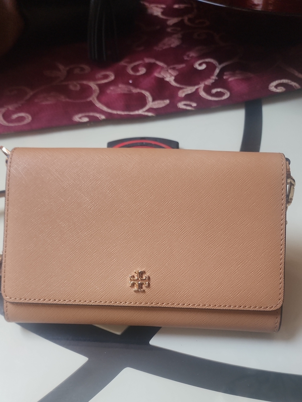 Tory Burch Light Brown (Tan) Crossbody Wallet with Gold Logon EUC